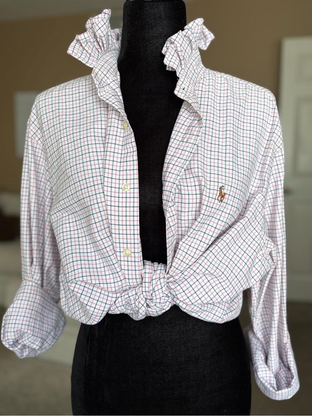 Reworked Ralph Lauren White Button-Down Shirt with Red & Blue Check